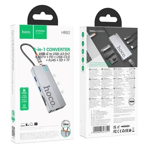Adaptador USB-C 8-1 Hoco HB52 HDMI + 2x USB 3.0 + PD + RJ45 + MicroSD/SD