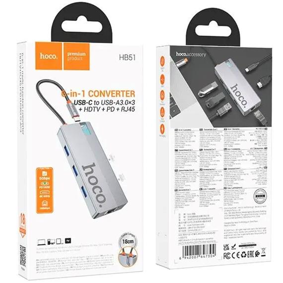 Adaptador USB-C 6-1 Hoco HB51 HDMI + 3x USB 3.0 + PD + RJ45