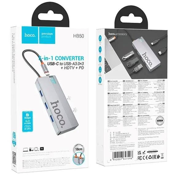 Adaptador USB-C 5-1 Hoco HB50 HDMI + 3x USB 3.0 + PD