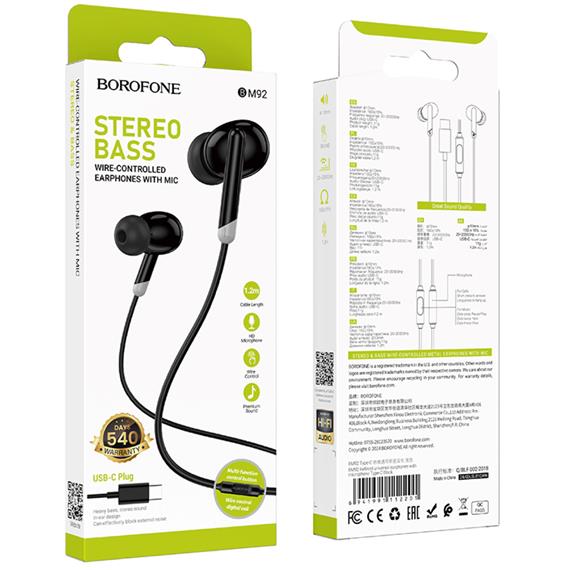 Borofone BM92 Auriculares con Micrófono y Conexión USB-C Negro