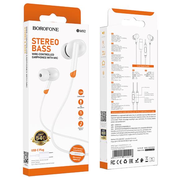 Borofone BM92 Auriculares con Micrófono y Conexión USB-C Blanco