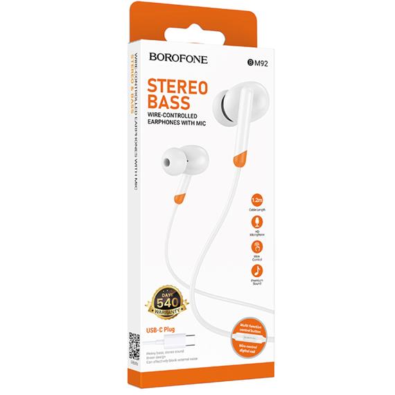 Borofone BM92 Auriculares con Micrófono y Conexión USB-C Blanco