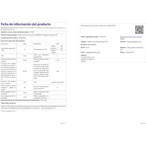 Svan SJ94500ED Lavavajillas  45 cm 9 sets E Blanco Display Led