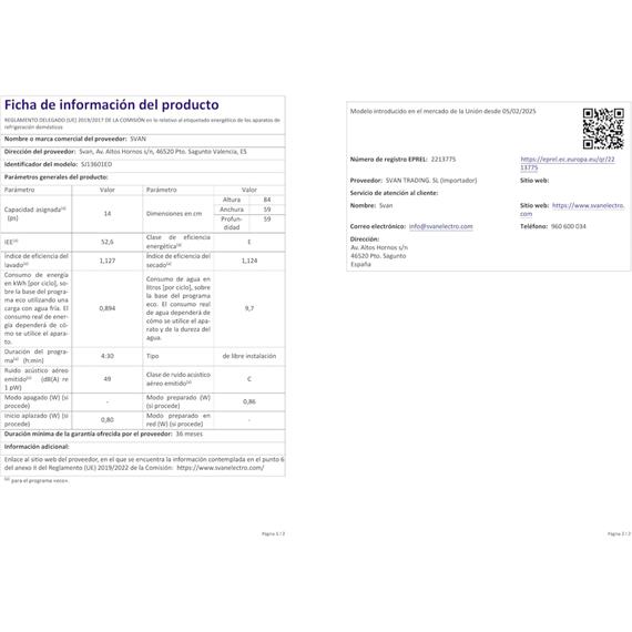 Svan SJ13601ED Lavavajillas 60 cm 14 Sets Clase E Blanco Display