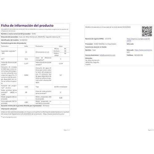 Svan SJ13601ED Lavavajillas 60 cm 14 Sets Clase E Blanco Display