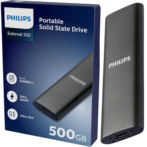 Disco SSD Externo Philips 500GB USB-C/USB 3.0 540MB Ultra Slim Gris