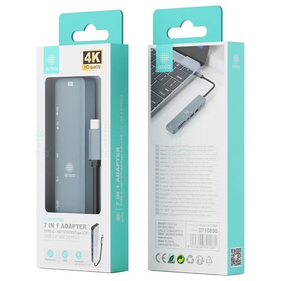 Adaptador USB-C a HDMI, Lector SD y MIcro SD Ikrea WG7089