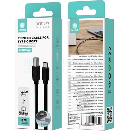 Cable de Impresora USB 3 Metros Ikrea WB1379