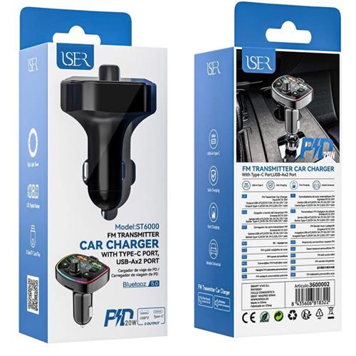Transmisor FM y Bluetooth para Coche con cargador 20W Iser ST6000