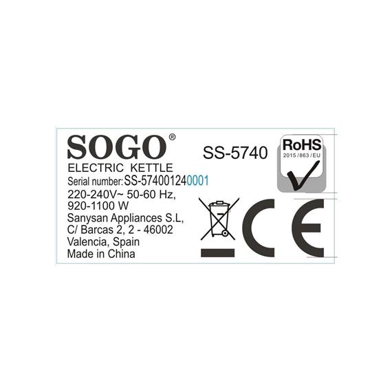 Sogo Hervidor de Agua Plástico 1.0L 1100W (KET-SS-5740)