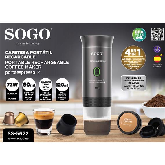 Sogo Cafetera Portátil Recargable para cápsulas y café molido 20 Bar (CAF-SS-5622)