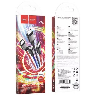 Cable USB Multiple a USB-C x 2,  Lightning y Micro 4-1 Hoco X76 Negro, Rojo Azul