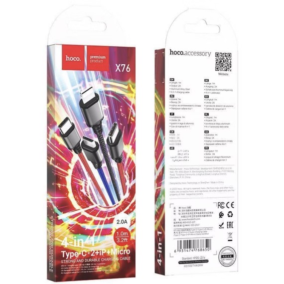 Cable USB Multiple a USB-C x 2,  Lightning y Micro 4-1 Hoco X76 Negro, Rojo Azul
