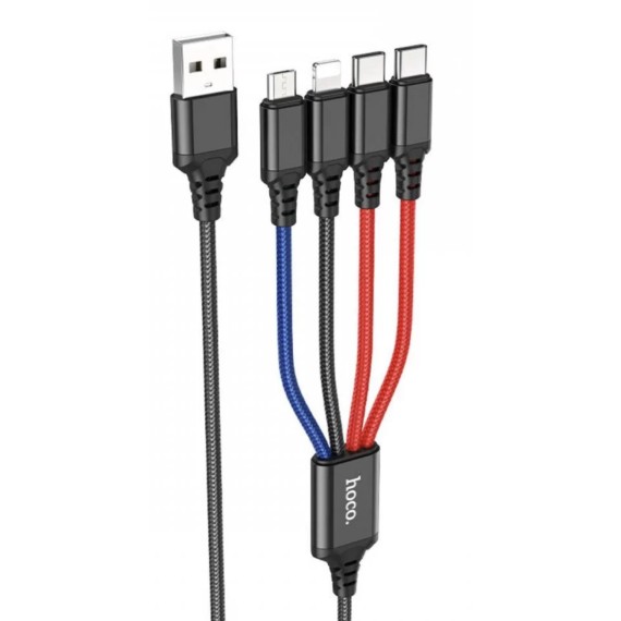 Cable USB Multiple a USB-C x 2,  Lightning y Micro 4-1 Hoco X76 Negro, Rojo Azul