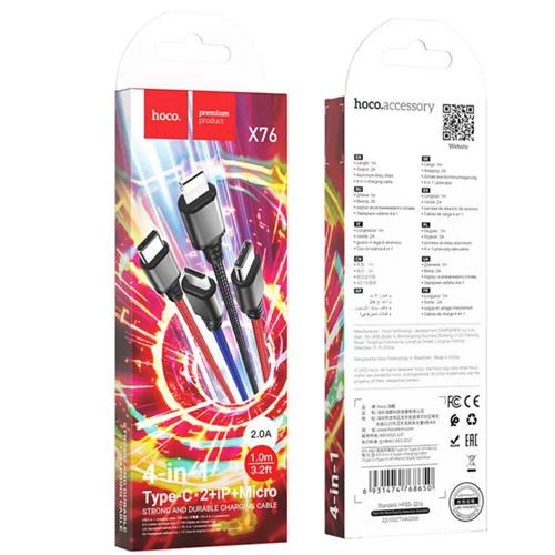 Cable USB Multiple a USB-C x 2,  Lightning y Micro 4-1 Hoco X76 Negro, Rojo Azul