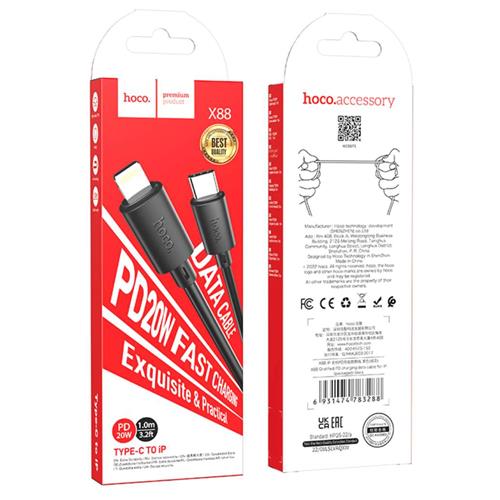 Cable USB-C a LIGHTNING 20W 1 metro 3 amp Hoco X88 Negro