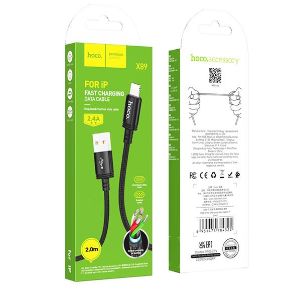 Cable USB a Lightning 2 metros 2.4 Amp Hoco X89 Reforzado Negro