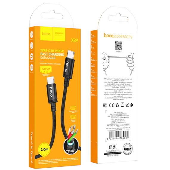 Cable Usb-C a Usb-C 60W 2 metros Hoco X89 Negro