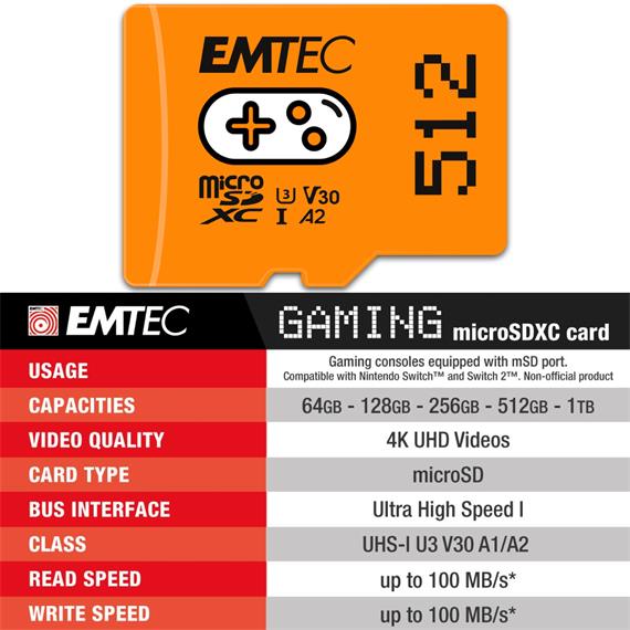 Memoria Micro SDXC 512GB Emtec UHS-I U3 V30 A1 Gaming