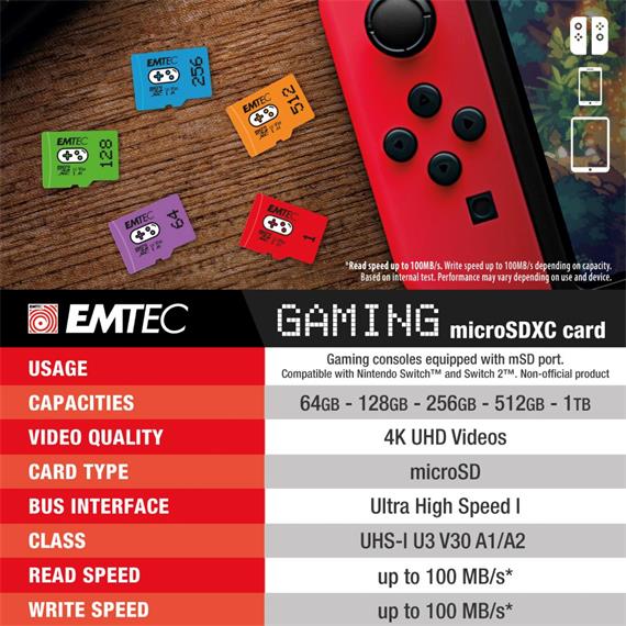 Memoria Micro SDXC 512GB Emtec UHS-I U3 V30 A1 Gaming