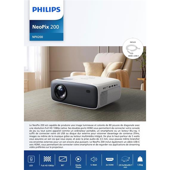 Philips Neopix 200 Proyector 1080p 200lm Hasta 80" Wifi HDMI