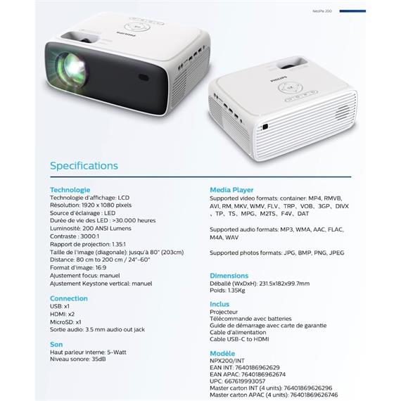 Philips Neopix 200 Proyector 1080p 200lm Hasta 80" Wifi HDMI