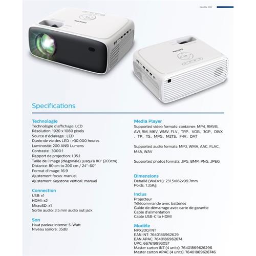 Philips Neopix 200 Proyector 1080p 200lm Hasta 80" Wifi HDMI