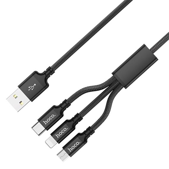 Cable USB Multiple Hoco Cable X14 3 in 1 Super Charging Cable (Ip+Type-c+Micro) Black
