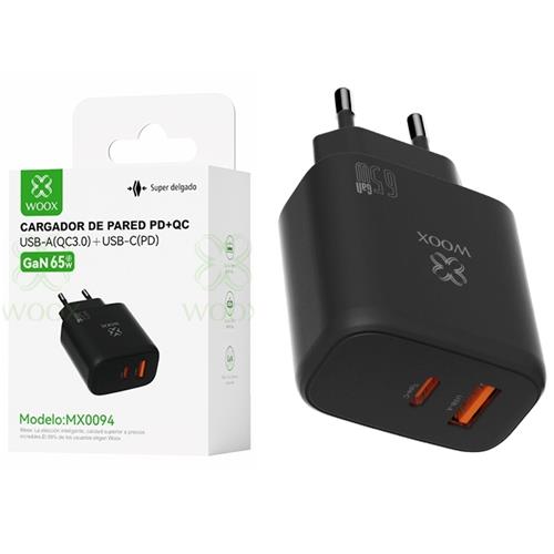 Cargador de Pared PD+QC UsbA+UsbC GaN 65W  Woox MX0094