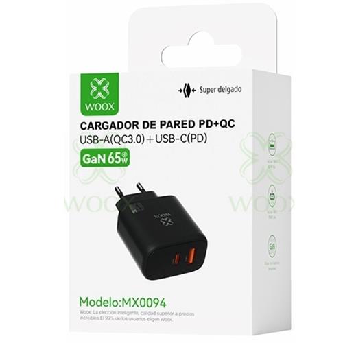 Cargador de Pared PD+QC UsbA+UsbC GaN 65W  Woox MX0094