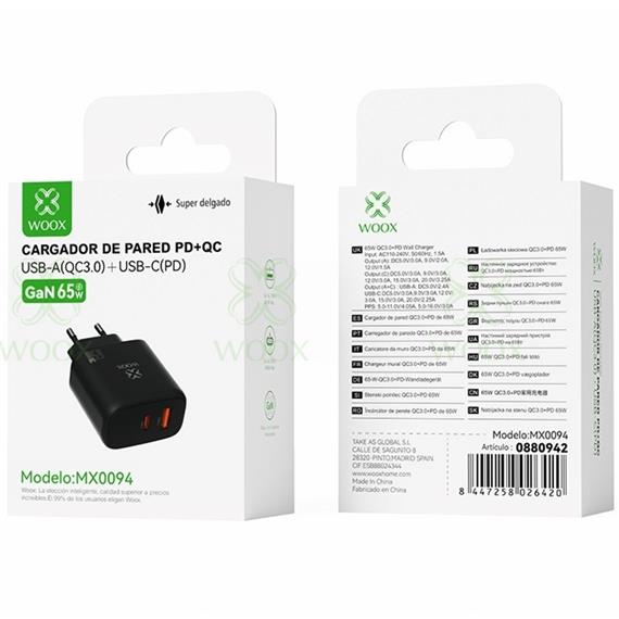 Cargador de Pared PD+QC UsbA+UsbC GaN 65W  Woox MX0094