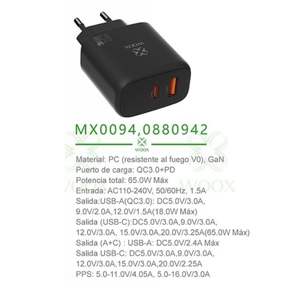 Cargador de Pared PD+QC UsbA+UsbC GaN 65W  Woox MX0094