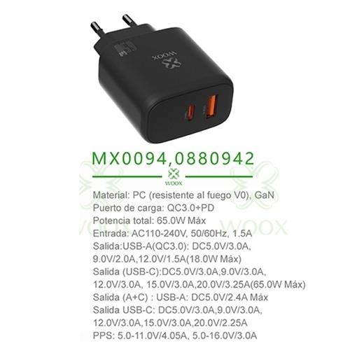 Cargador de Pared PD+QC UsbA+UsbC GaN 65W  Woox MX0094