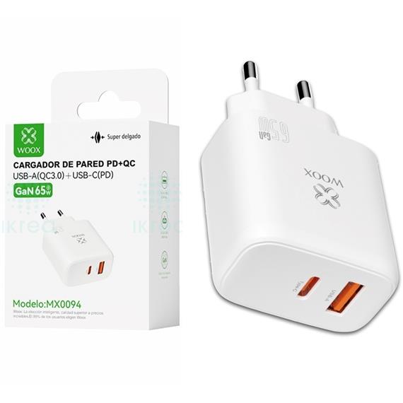 Cargador de Pared PD+QC UsbA+UsbC GaN 65W  Woox MX0094