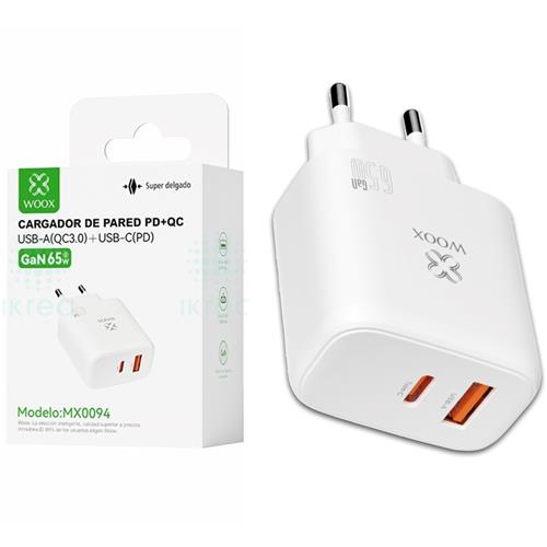 Cargador de Pared PD+QC UsbA+UsbC GaN 65W  Woox MX0094