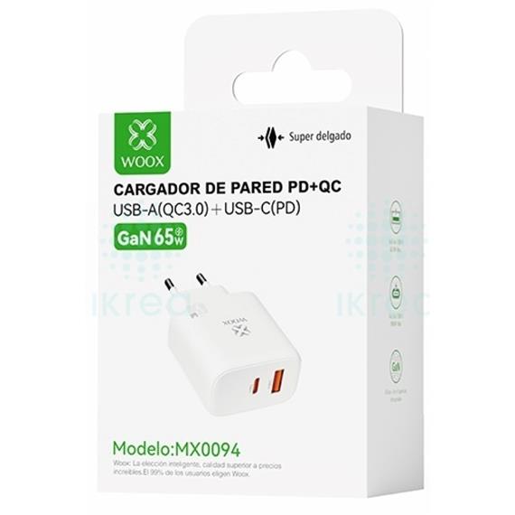Cargador de Pared PD+QC UsbA+UsbC GaN 65W  Woox MX0094