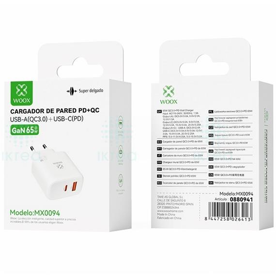 Cargador de Pared PD+QC UsbA+UsbC GaN 65W  Woox MX0094