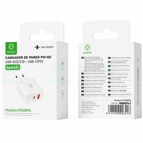 Cargador de Pared PD+QC UsbA+UsbC GaN 65W  Woox MX0094