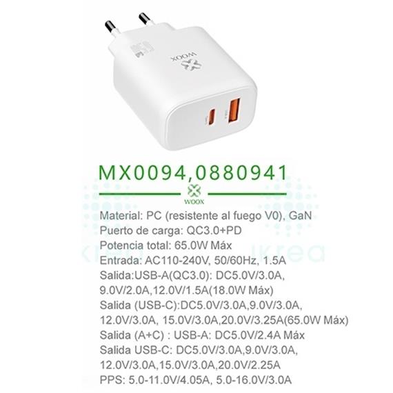 Cargador de Pared PD+QC UsbA+UsbC GaN 65W  Woox MX0094