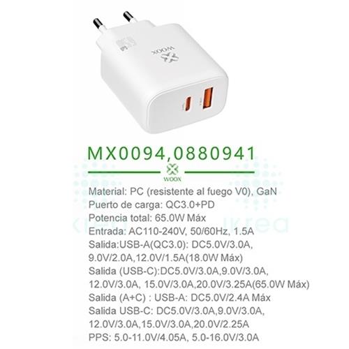 Cargador de Pared PD+QC UsbA+UsbC GaN 65W  Woox MX0094