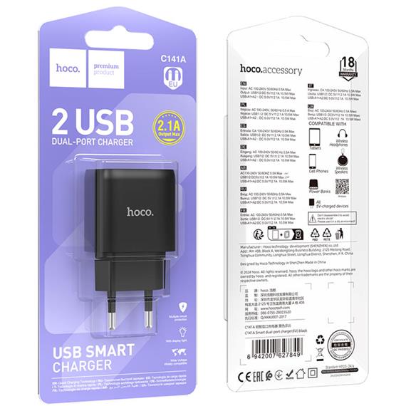 Cargador USB-A X2 Hoco C141A 2.1Amp Negro