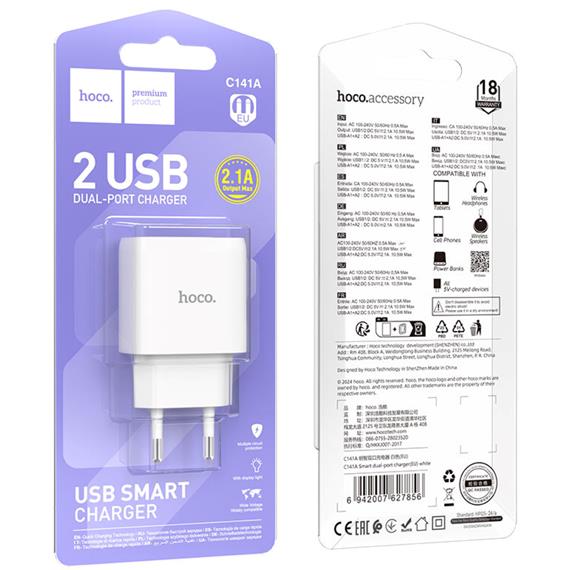 Cargador USB-A X2 Hoco C141A 2.1Amp Blanco