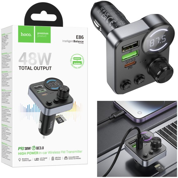 Hoco E86 Transmisor FM y BLuetooth  48W Dual Port PD30W+QC3.0