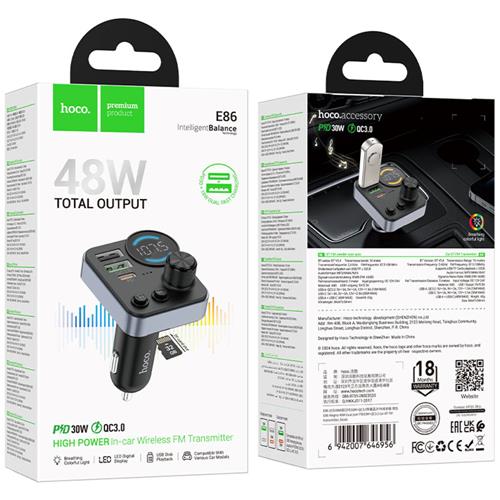 Hoco E86 Transmisor FM y BLuetooth  48W Dual Port PD30W+QC3.0