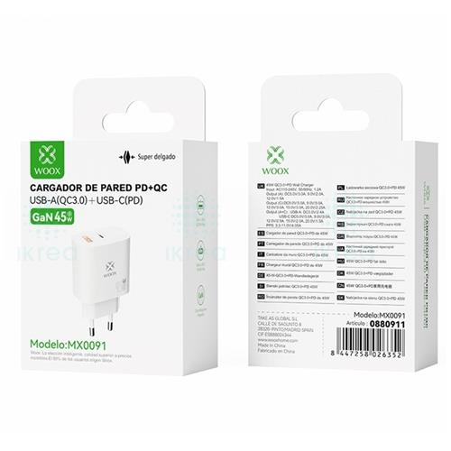 Cargador USB-A y USB-C GaN 45W Woox MX0091