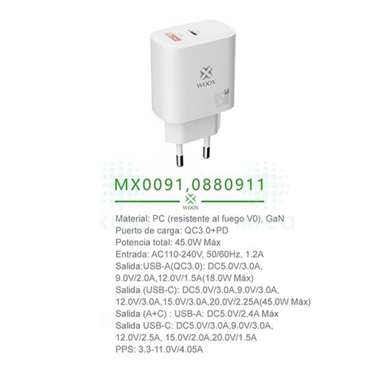 Cargador USB-A y USB-C GaN 45W Woox MX0091