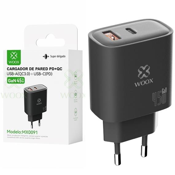 Cargador USB-A y USB-C GaN 45W Woox MX0091