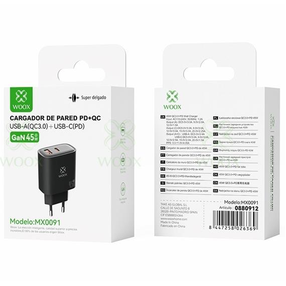 Cargador USB-A y USB-C GaN 45W Woox MX0091