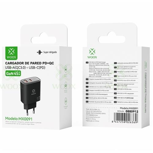 Cargador USB-A y USB-C GaN 45W Woox MX0091