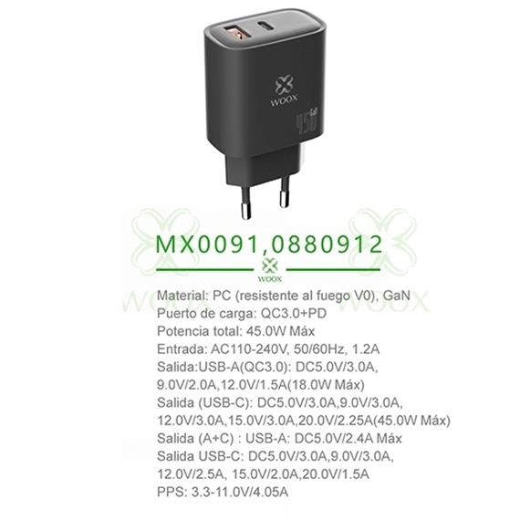 Cargador USB-A y USB-C GaN 45W Woox MX0091